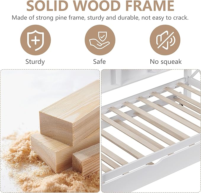 Full House Bed with Trundle Bed for Kids,Wooden Full Size Bed Frame with Roof Guardrails Wood Slats, Headboard for Boys Girls, No Box Spring Required, White