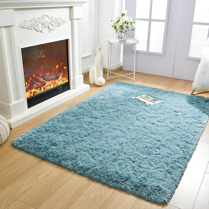 Merelax Modern Soft Fluffy Large Shaggy Rug for Bedroom Livingroom Dorm Kids Room Indoor Home Decorative, Non-Slip Plush Furry Fur Area Rugs Comfy Nursery Accent Floor Carpet 4'x6' Turquoise Green