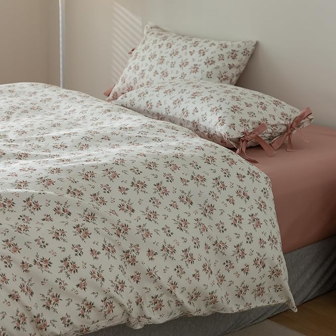 Pink Floral Duvet Cover Set Queen Vintage Style Cozy Cotton Soft Comforter Cover Queen 3 Piece for Girl Teen,Room Decor Boho Flowers Bedding Duvet Cover with 2 Pillowcases with Bow Ties