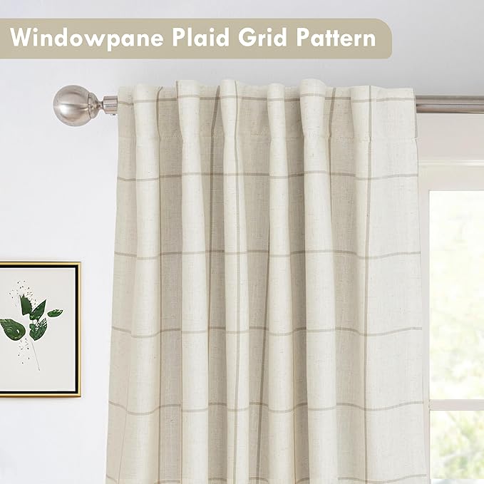 DriftAway 2 Panels 100% Blackout Windowpane Plaid Linen Curtains Double Layer Drapes for Bedroom 90 Inches Long Farmhouse Thermal Insulated 3.25 Inch Rod Pocket Back Tab for Living Room Taupe