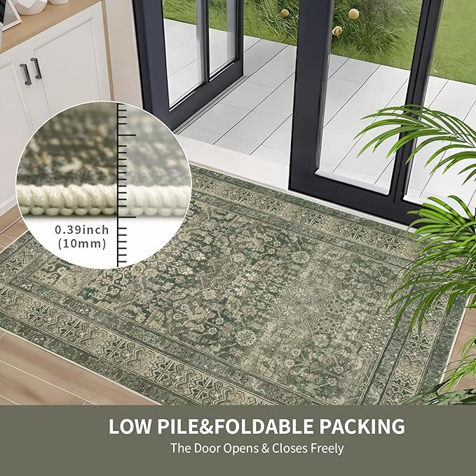Vintage Washable Area Rug for Living Room,Low Pile 9x12 Non Slip Carpet Non-Shedding Area Rug Soft Indoor Stain Resistant Rug Floral Print Mat for Bedroom Dining Room Green