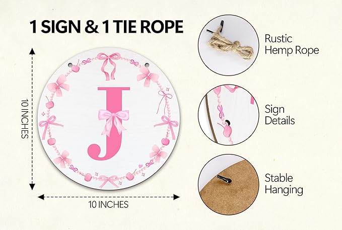 Monogram Round Sign For Front Door, Cherry Bow Theme Sign For Porch Art Wall Door, Initial Signs Hanging Ornament For Indoor Outdoor, Decorations Gifts For Four Seasons Rustic Home Kitchen, J, A10