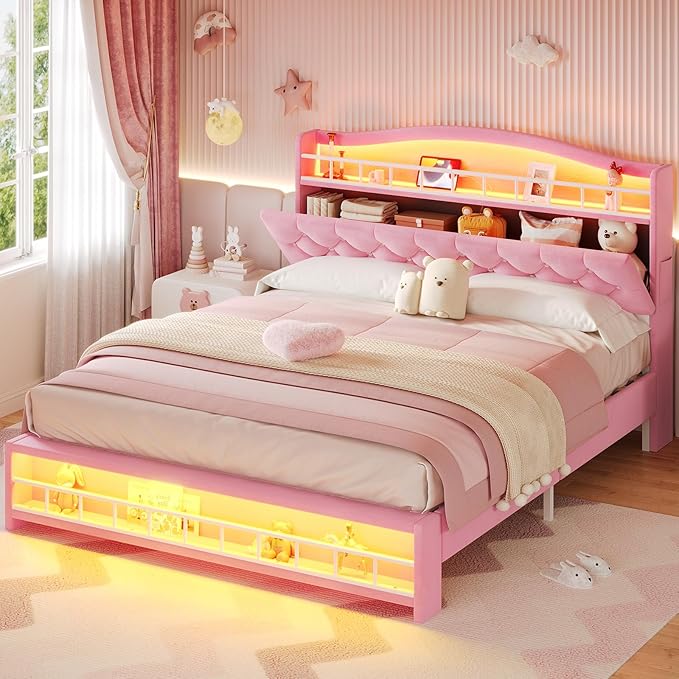 BTHFST Queen Szie Girls Bed with LED Lights & Charging Station, Princess Queen Size Bed Frame with Hidden Storage Headborad, Sturdy Platform Bed, No Box Spring Needed/Noise-Free/Easy Assembly, Pink