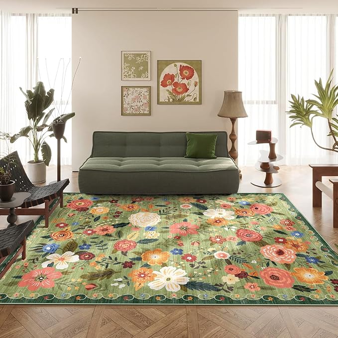 8x10 Washable Area Rug for Living Room, Floral Non-Slip Non-Shedding & Easy Care, Large Soft Low Pile Indoor Floor Carpet for Living Room, Bedroom, Farmhouse, Dining Room, Kids Playroom, Green