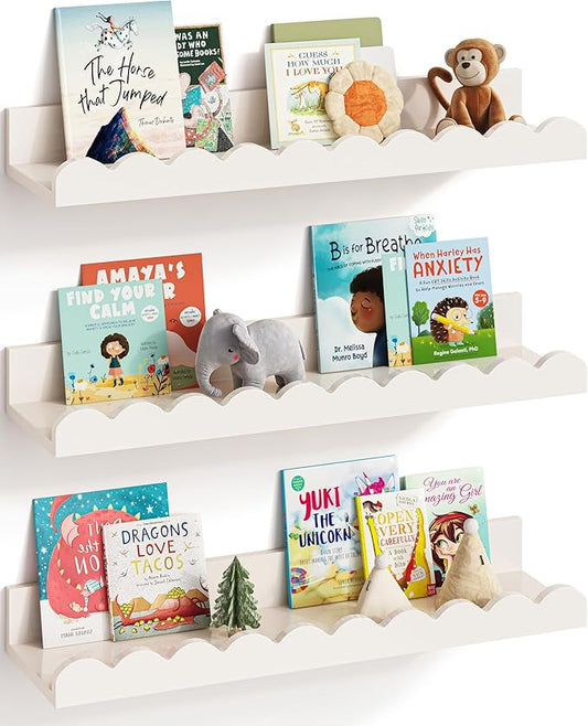 G&W Gruwald Nursery Book Shelves, Set of 3, Nursery Decor for Baby and Toddler, Scalloped Shelves, Book Shelf for Kids Rooms, Wall Book Shelf for Bedroom Kids