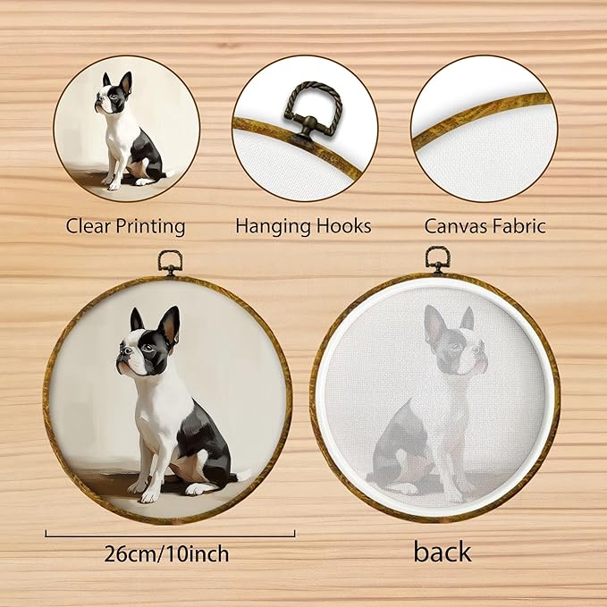 Hiuwevt Vintage Boston Terrier Dog Round Wall Art Decor, Cute Neutral Boston Terrier Framed Canvas Prints, Retro Dog Round Wall Hanging Decor for Home Bedroom Living Room Decorations, 10x10 Inches