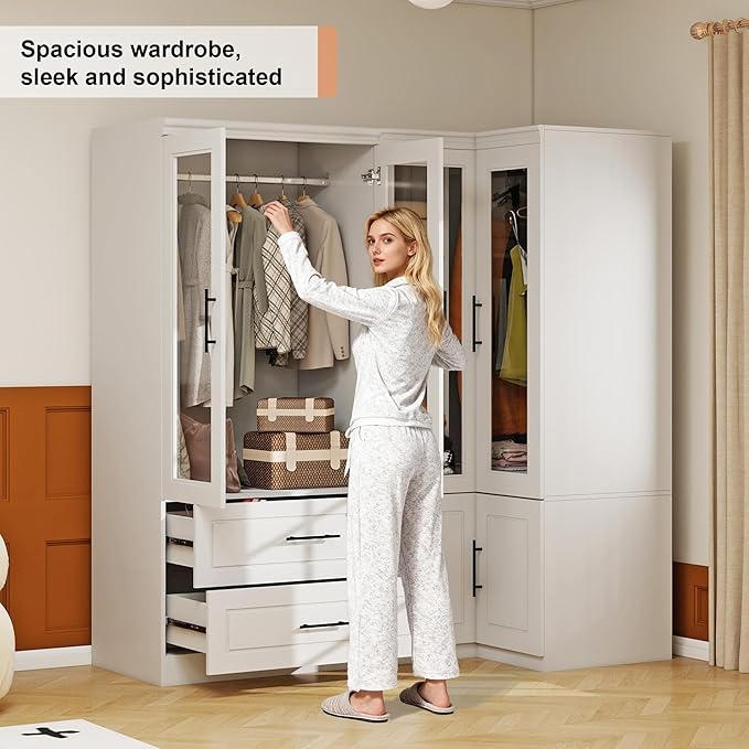 Armoire Wardrobe Closet with 2 Glass Door: White Combination Corner Wood Wardrobe Closet 2 Drawer Wooden Bedroom Armoire with Hanging Rods for Home/Bedroom/Living Room