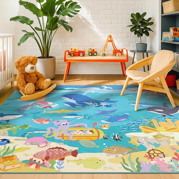 Blue Ocean Themed Rug for Kids Room – 5x8 Underwater Play Mat with Sea Creatures & Mermaid, Washable Non Slip Crawling Carpet for Bedroom or Playroom