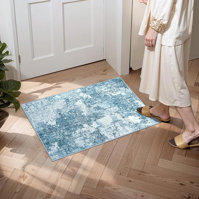 Area Rug 2x3 Washable Rug: Soft Small Entryway Rug with Anti-Slip Backing Non-Shedding Stain-Resistant Abstarct Modern Carpet for Kitchen Bedroom Indoor Front Entrance-Blue