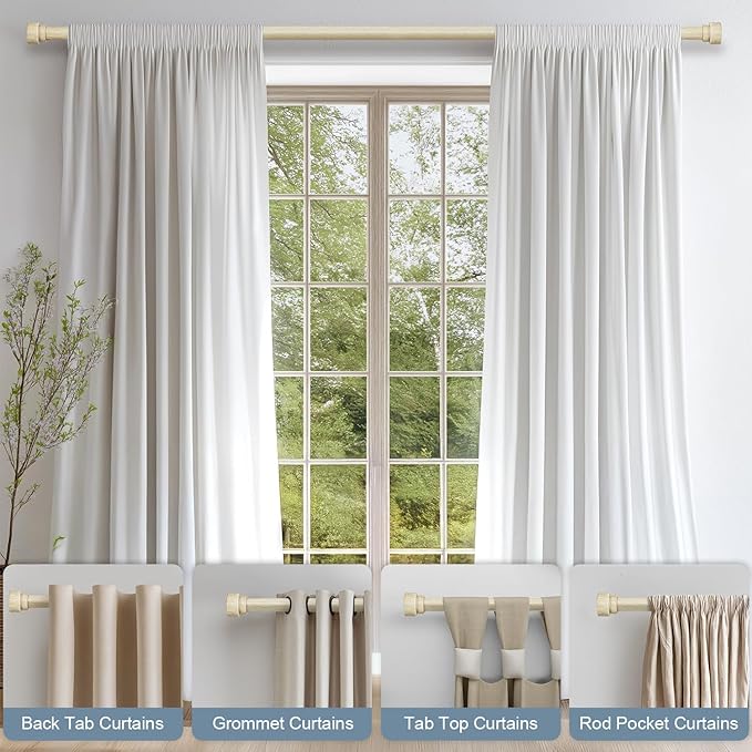 White Oak Wood Grain Curtain Rods for Windows 72 to 144 Inches 1" Diameter Boho Decorative Heavy Duty Window Curtain Rod Adjustable with Solid Finials for Living Room Bedroom Kitchen Farmhouse Outdoor