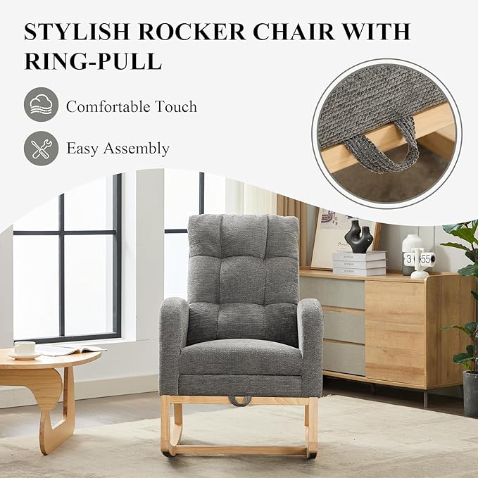 Nursery Rocking Chair, Polyester Upholstered Glider Chair with Footrest, Comfy Rocker Chair, Accent Chair with High Backrest, Glider Rocker, Armchair for Living Room (Gray Linen)