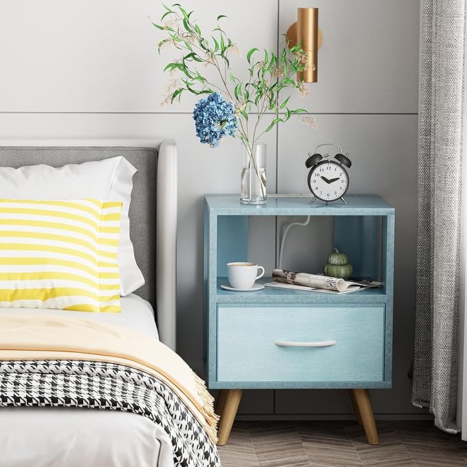 Night Stand with Charging Station, Blue Kids Nightstand with Drawer, 2-Tier Nursery Bedside Table with USB Ports and Outlets, End Table for Small Space, Living Room, Bedroom