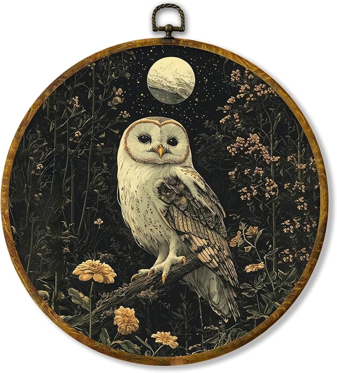 Hiuwevt Witchy Moonlight Owl Round Wall Art Decor, Vintage Dark Floral Framed Canvas Prints, Whimsical Gothic Owl Round Wall Hanging Decor for Office Home Decorations, 10x10 Inches