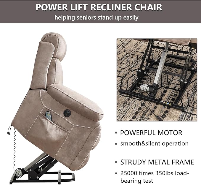 CANMOV Large Power Lift Recliner Chairs with Massage and Heat for Elderly Big People, Heavy Duty Motion Reclining Mechanism-Anti Skid Fabric Recliner Chair with 2 Concealed Cup Holders,Light Brown