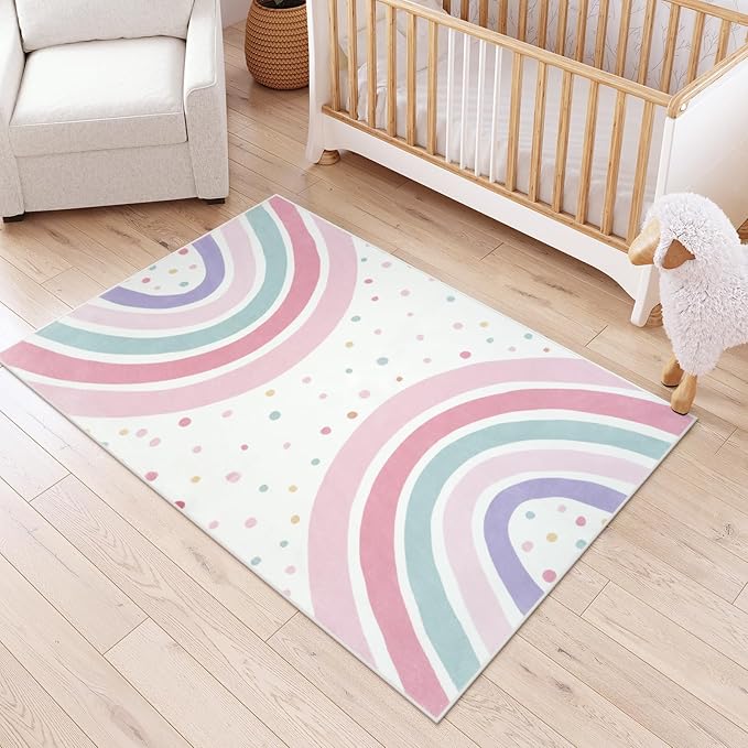 STARUIA 4x6 Washable Rainbow Rug for Nursery Kids Room, Soft Polka Dot Pink Area Rugs for Girls Bedroom, Non-Slip Carpet Kids Rug for Playroom Princess Castle