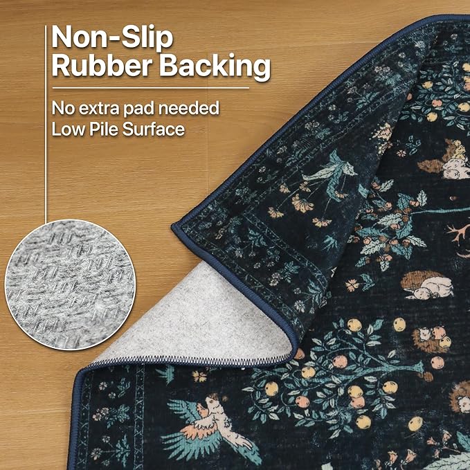 Rugs for Living Room 5x7 Floral Animal Print Area Rug Machine Washable Rug, Non Slip Low Pile Black Carpet for Bedroom, Entryway, Black