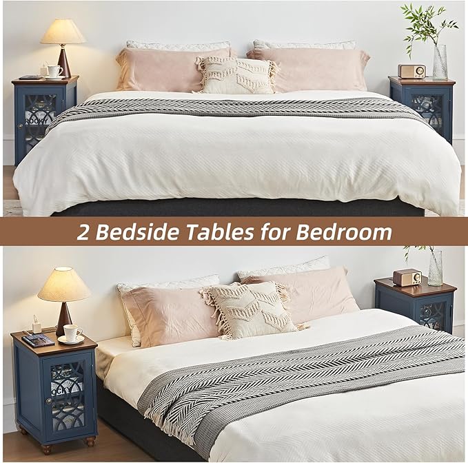 Narrow Side Table with Charging Station Set of 2, Night Stand with Glass Door,Bedside End Tables with Adjustable Shelf Storage Cabinet,Wood Nightstand for Small Spaces Living Room Bedroom