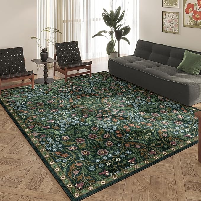 8x10 Washable Area Rug for Living Room, Floral Non-Slip Non-Shedding & Easy Care, Large Soft Low Pile Botanical Indoor Floor Carpet for Living Room, Bedroom, Dining Room, Nursery, Green