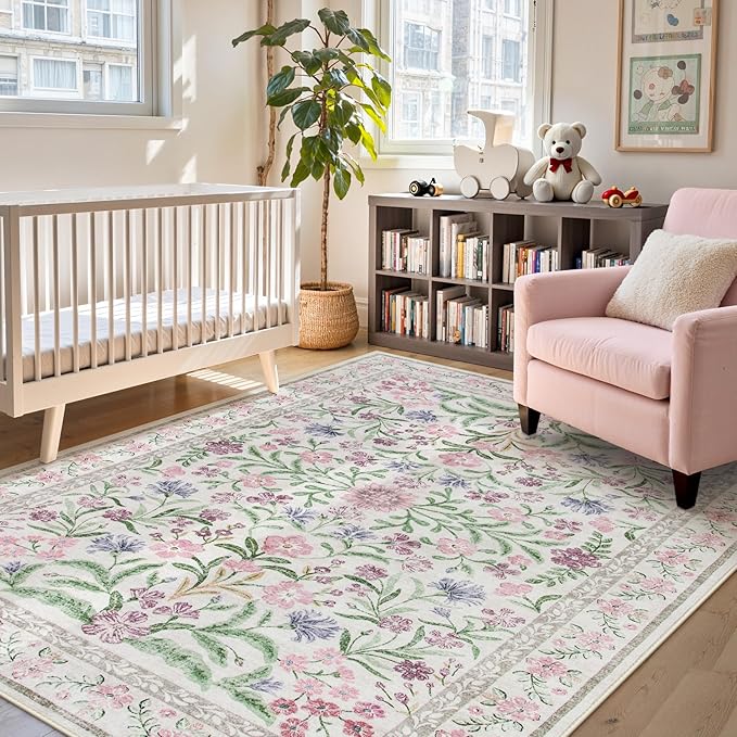 Lahome Purple 8x10 Area Rugs for Living Room, Washable Kids Rugs for Bedroom Girls, Vintage Baby Rugs for Nursery, Soft Thin Carpet for Dining Room Playroom, Pale Lilac/Pink