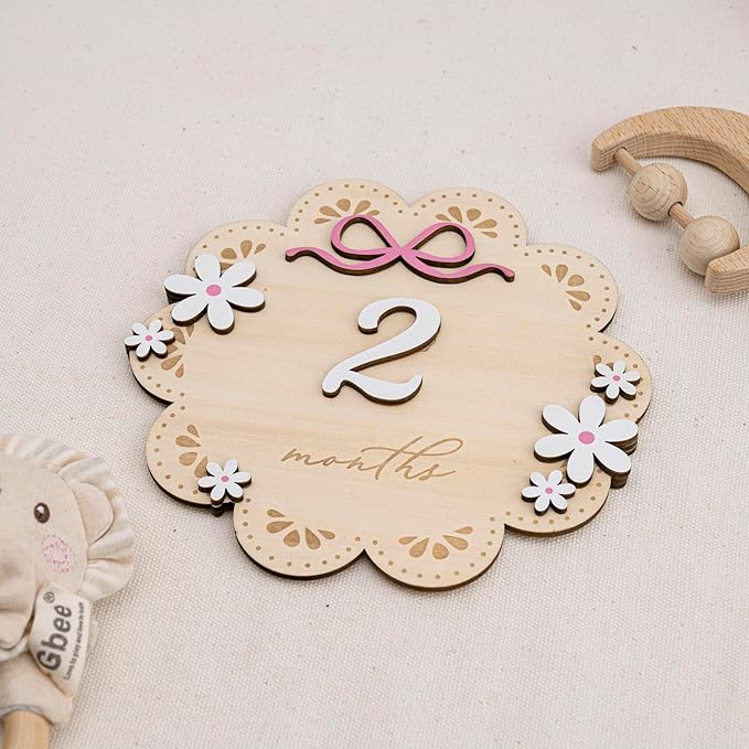 Baby Monthly Milestone Photo Sign, Wooden Floral Design with Pink Bows, Baby Girl Growth Tracker, 1-12 Months (Natural Wood and White with Pink Accents)