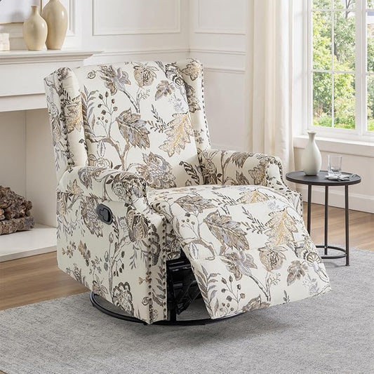 UIXE Swivel Glider Recliner Chair for Adults, High Back Nursery Rocker Floral Upholstered Armchair for Living Room, Manual Reclining Rivet Trim Sofa Lounge with Deep Seat in Fabric - Beige Plants