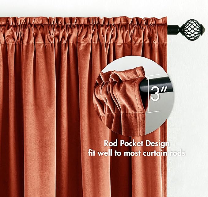 MIULEE Burnt Orange Velvet Curtains Thermal Insulated Blackout Curtain Fall Drapes for Bedroom Living Room Darkening 90 Inches Long Rust Terracotta Panels Rod Pocket Set of 2