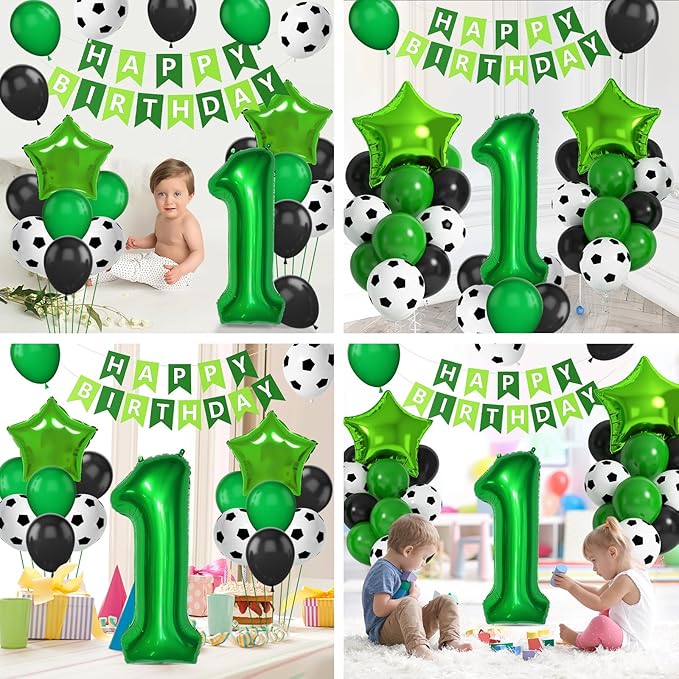1st Soccer Birthday Decorations for Boys, Green Black Soccer Printed Balloons with 40 Inch Number 1 Star Foil Balloons Birthday Banner for 1 Year Old Soccer Sports Theme Party Decorations