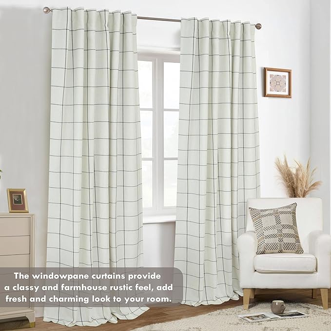 DriftAway 2 Panels 100% Blackout Windowpane Plaid Linen Curtains Double Layer Drapes for Bedroom 102 Inches Long Farmhouse Thermal Insulated 3.25 Inch Rod Pocket Back Tab for Living Room Black