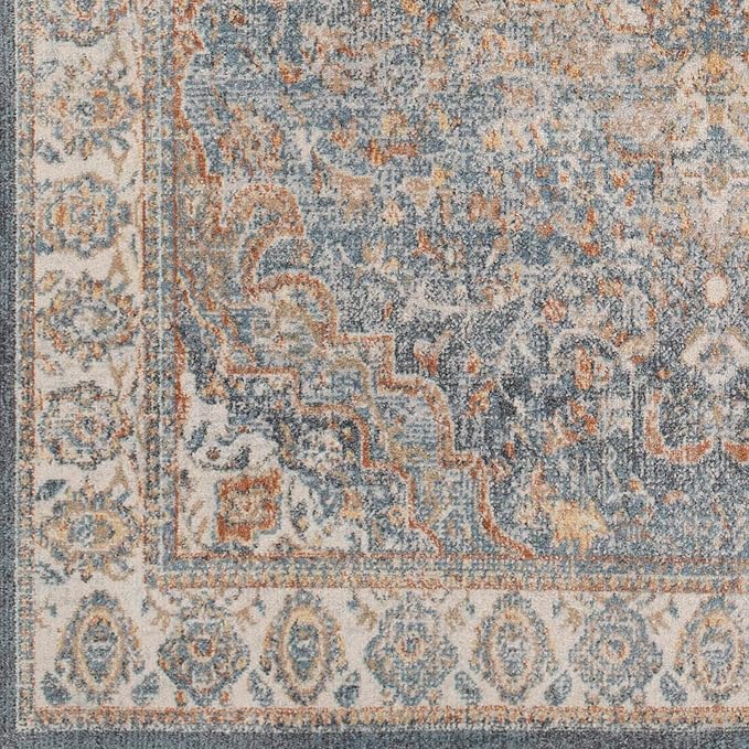Mark&Day Washable Rugs, 2x4 Elsmore Traditional Dark Blue Area Rug, Blue Ivory Orange Carpet for Living Room, Bedroom or Kitchen (2'3" x 3'9", Machine Washable)