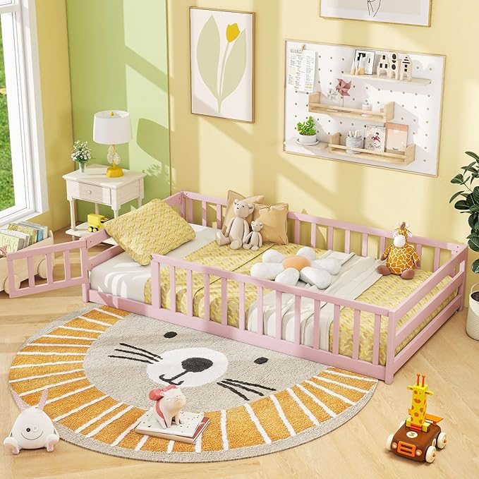 Giantex Twin Floor Bed with Door & Fence, Kids Wood Montessori Beds with Safety Guardrails, Floor Bed Twin for Kids, Boys, Girls, No Box Spring Needed, Pink