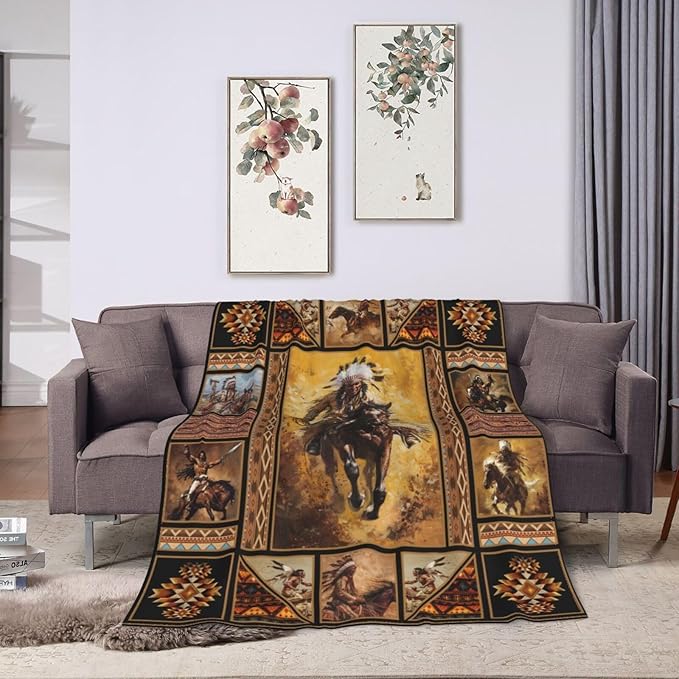 Rustic Indians Blanket Native American Throw Blanket Retro Chief Flannel Stuff Merch Cozy Decor Fleece Plush Fuzzy Warm Soft Lightweight Bedding Indians Gifts for Women Men Girls Couch 80"X60"