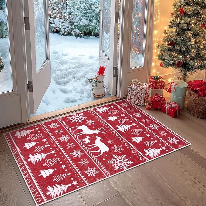 2x3 Machine Washable Christmas Area Rug, Non-Slip Small Christmas Entryway Rug for Front Door, Low Pile Indoor Door Mat for Entryway, Bedroom, Dining Room & Kitchen(2x3 Elk)