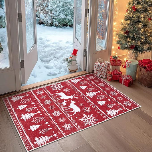 2x3 Machine Washable Christmas Area Rug, Non-Slip Small Christmas Entryway Rug for Front Door, Low Pile Indoor Door Mat for Entryway, Bedroom, Dining Room & Kitchen(2x3 Elk)