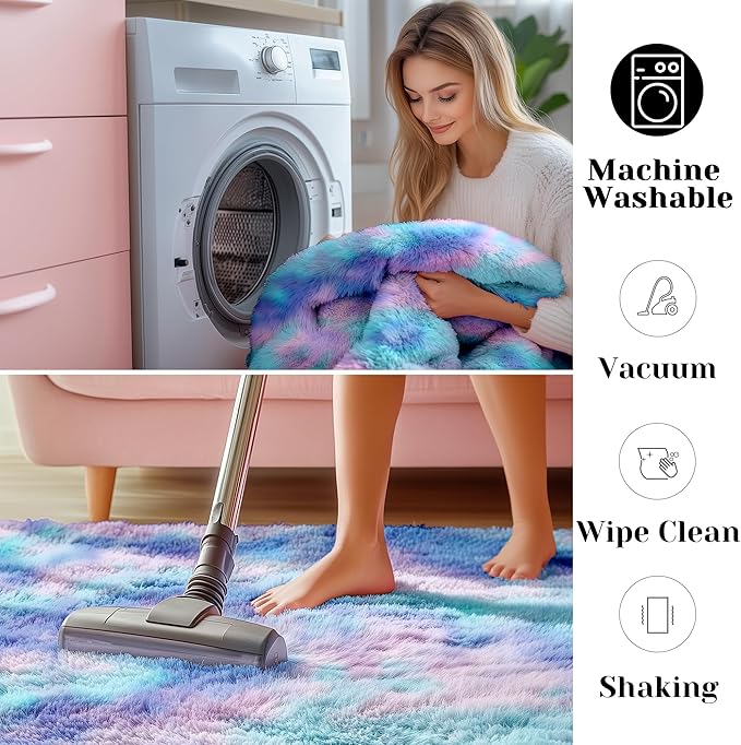 ONASAR Fluffy Area Rugs for Girls Bedroom, 4x6 Purple Rainbow Washable Bedside Rug, Indoor Cute Ultra Soft Plush Shag Floor Carpets for Nursery Kids Teen Girl Dorm Princess Room Playroom Home Decor