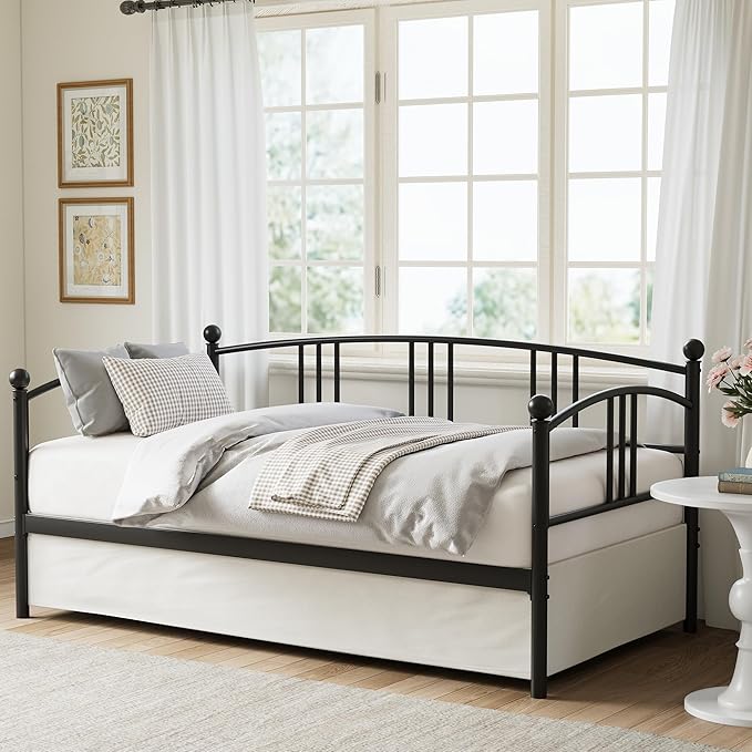 GarveeHome Daybed with Trundle, Sturdy Metal Day Bed with Steel Slat Support, Trundle Bed Twin with Arched Headboard, SofaBed for Living Room, Bedroom and Guest Room, Black