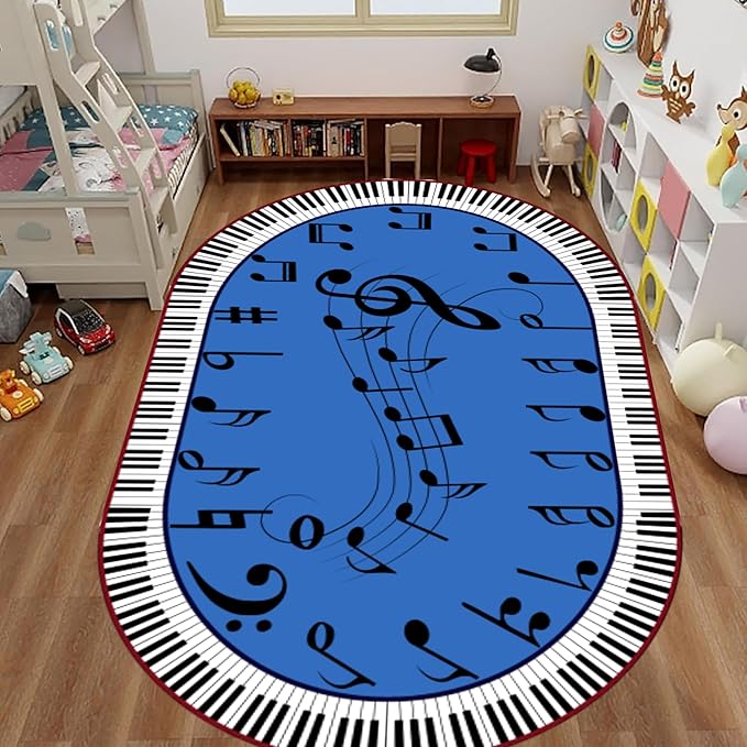 Piano Keyboard Kids Rug 5x7ft - Non-Slip Washable Music Notes Carpet for Nursery, Playroom & Classroom - Black White Keys Educational Floor Mat