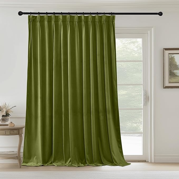 StangH Extra Wide Olive Green Velvet Curtains 108 inches Long, Pinch Pleated Privacy Room Darkening Drapes with Hooks Thermal Insulated Holiday Decor for Hotel Party, W72 x L108, 1 Panel