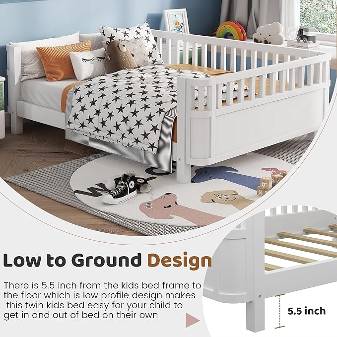 Full Size Kids Bed with Rails, Wood Montessori FloorBed Full with Slats Support, Modern Daybed Low to Ground for Girls Boys Bedroom Living Room, White