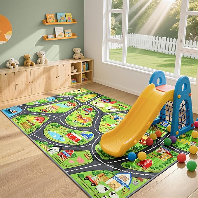 Farmyard Adventure Play Rugs, Educational and Fun Farm Play Mat for Kids, 60"x36" Non-Slip Playmat with Barns, Animals & Crops for Imaginative Play, Nursery, Playroom and Classroom