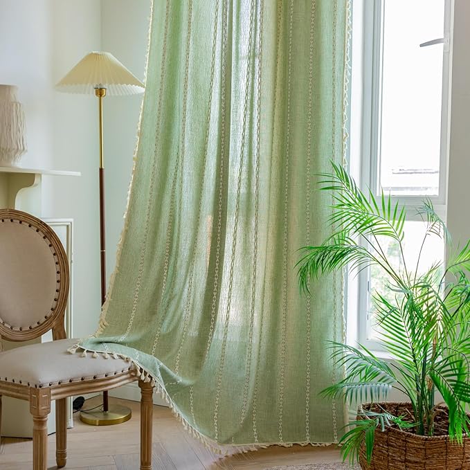 Deeprove Sage Green Boho Curtains 90 inches Length for Living Room Bedroom Nursery, Vintage Chic Bohemian 90 inches Long Embroidery Farmhouse Tassel Privacy Window Treatments W52 x L90, 1 Panel