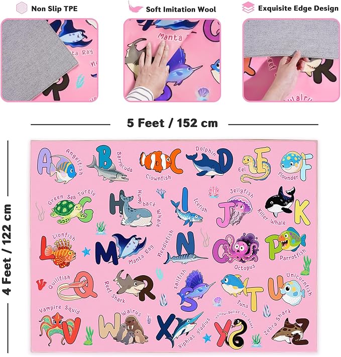 Kids Rug for Playroom, 4x5 Feet Educational Rug for Learn The ABC Alphabet, Soft Machine Washable Non-Slip Cute Marine Organisms Carpet for Classroom Toddler Nursery Kids Room Decor Mat, Pink