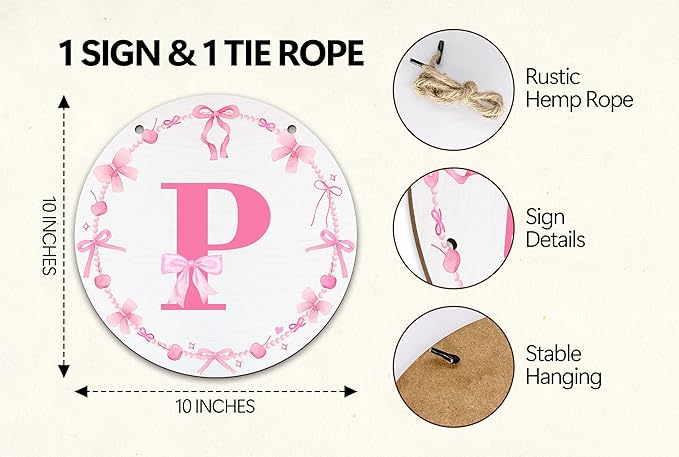 Monogram Round Sign For Front Door, Cherry Bow Theme Sign For Porch Art Wall Door, Initial Signs Hanging Ornament For Indoor Outdoor, Decorations Gifts For Four Seasons Rustic Home Kitchen, P, A16