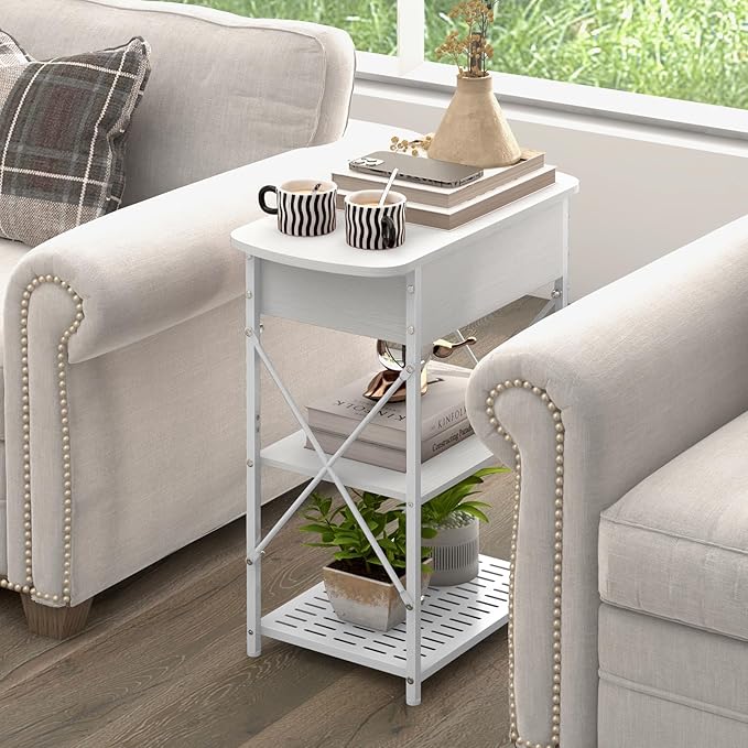 Livofloral Narrow End Table with Charging Station, Side Tables Set of 2 for Small Spaces, Flip Top End Table with Storage, End Tables Living Room, Nightstand Set 2 with Drawer for Bedroom, White
