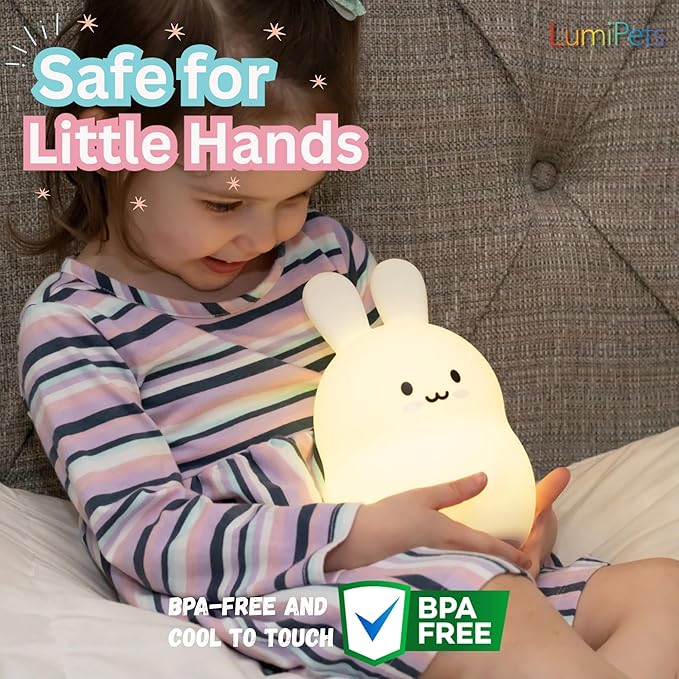 Lumipets Baxter The Bunny Squishy Night Light for Kids | Silicone Lamp with Tap & Remote Control | Rechargeable Color Changing Animal Night Light for Boys & Girls | Portable Nightlight with USB Cord