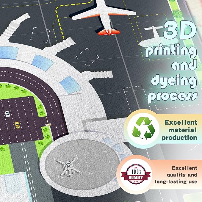 Play Rug for Playroom 2x3 Airport Carpet for Boys Bedroom with Combined City Road Traffic System Aircraft Runway Playmat Rugs Carpet Non-Slip Washable Area Mat