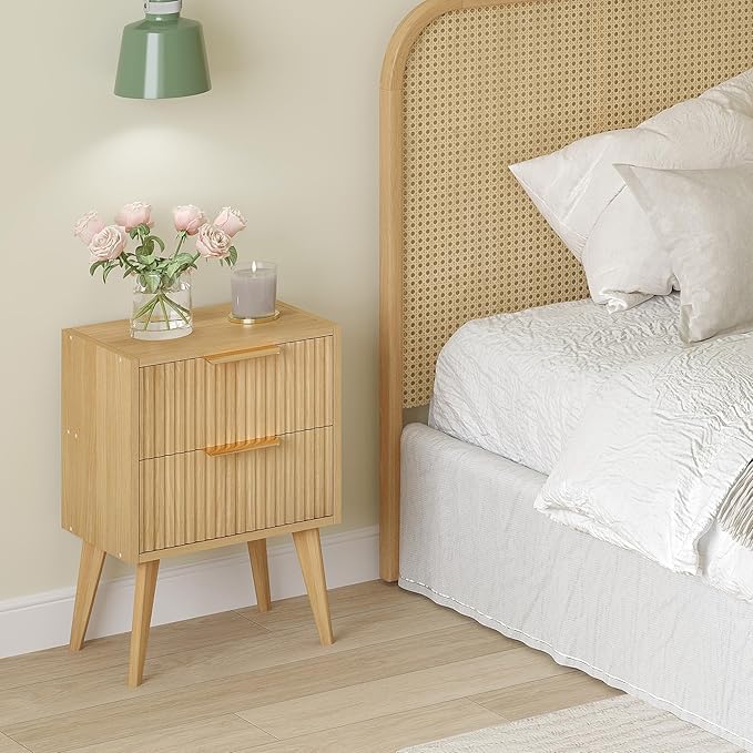 Nightstand with 2 Drawers,Fluted Bedside Table,Natural Wood Night Stand,Light Wood Side Table with Solid Wood Legs,End Table for Living Room,Bedroom,Small Space Natural CTG55Y
