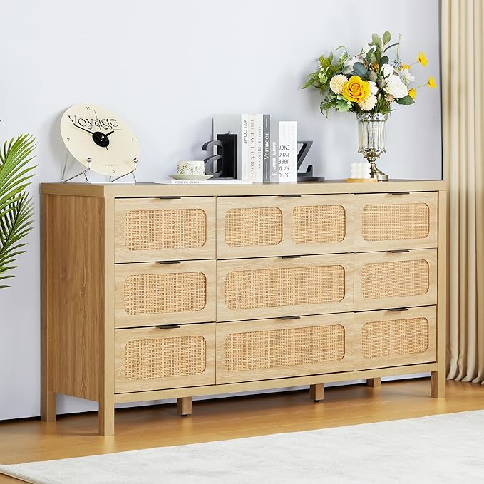 LEVNARY 9 Drawer Dresser for Bedroom, Rattan Dressers & Chest of Drawers, Large 58" Long Dressers Wooden Storage Organizer Dresser for Entryway, Living Room (Natural)