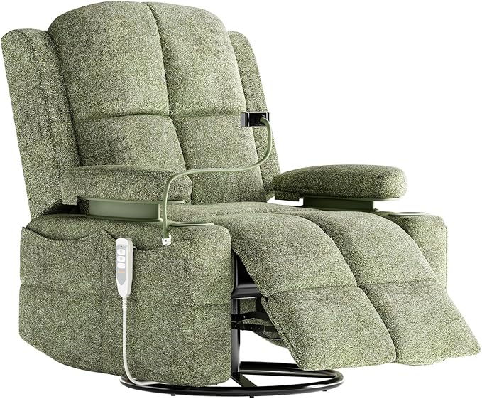 MAMAZING Triple Motor Power Swivel Rocker Recliner Chair with Adjustable Armrests for Adults, FSC Certified Faux Leather Rocking Chair Nursery for Breastfeeding, Green
