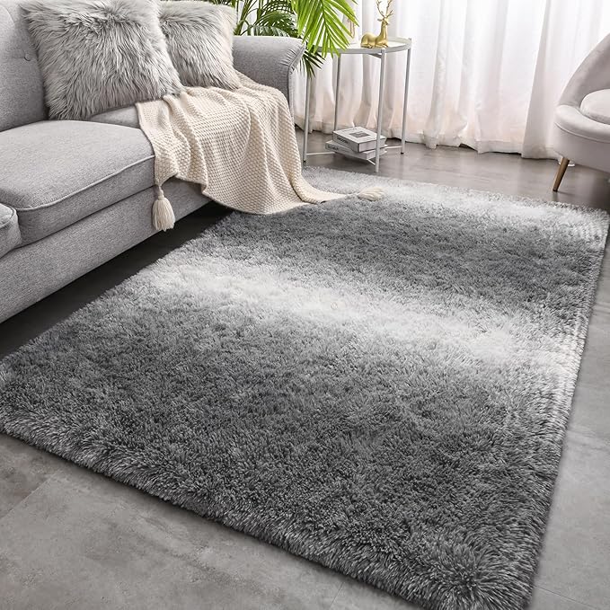 Meralax Gradient 4x6 Grey Rugs for Living Room Bedroom, Machine Washable Soft Fluffy Shaggy Gray Bedside Rug, Indoor Floor Carpet for Kids Girls and Boys, Dorms, Nursery Rooms, Home Decor Aesthetic