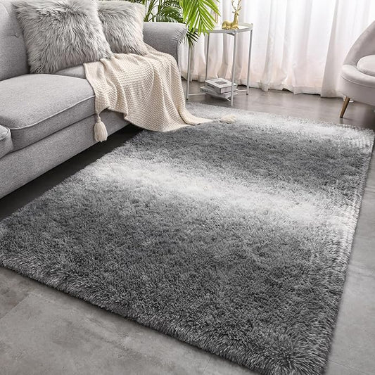 Meralax Gradient 5x8 Grey Rugs for Living Room Bedroom, Machine Washable Soft Fluffy Shaggy Gray Bedside Rug, Indoor Floor Carpet for Kids Girls and Boys, Dorms, Nursery Rooms, Home Decor Aesthetic